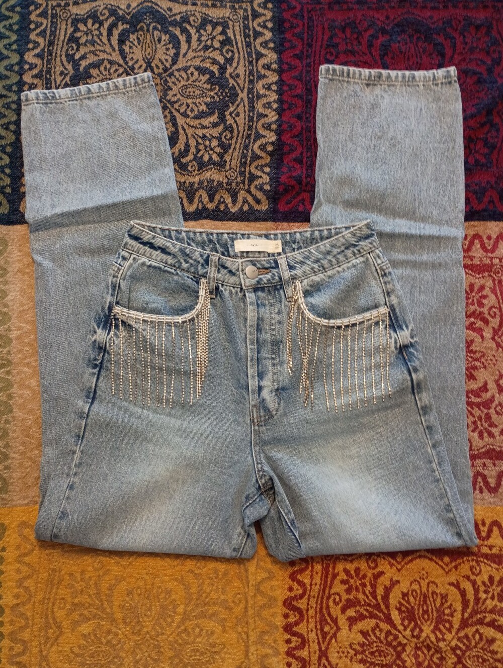 Light Wash Jeans with Rhinestone Fringe